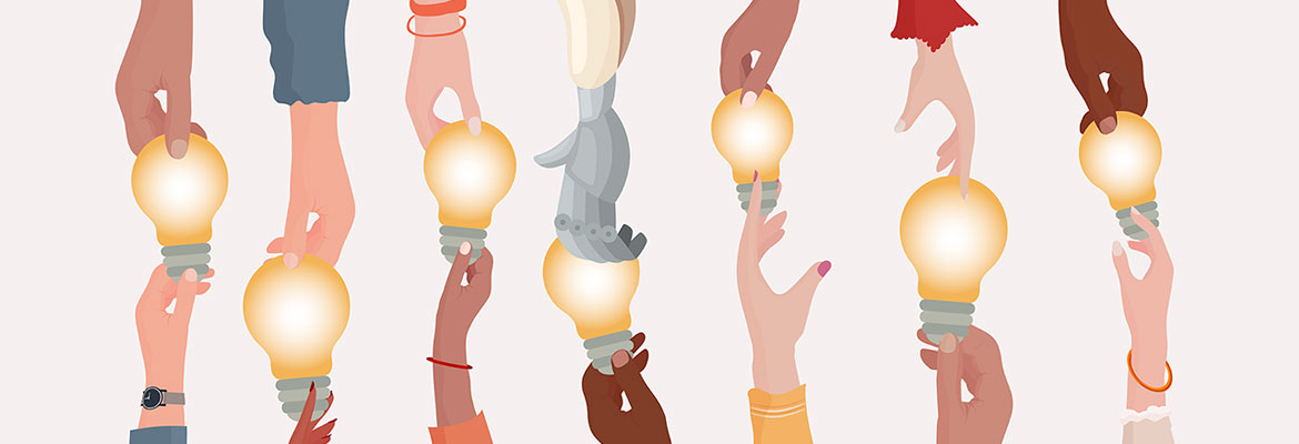 Illustration of diverse hands holding lightbulbs