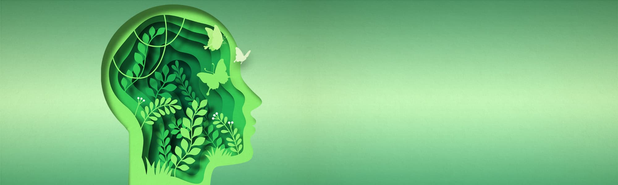 On a gradient green and white background, a profile of a head with cut-out profiles getting smaller are stacked inside. Illustration of plants growing inside. 