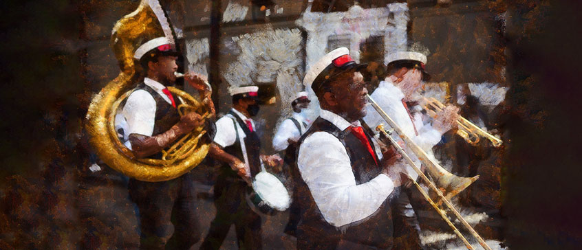Painting of brass musicians on the streets of New Orleans. 