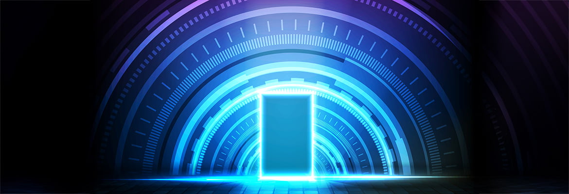 Abstract futuristic background of glowing sqaure neon door and round futuristic technology user interface screen heads-up display