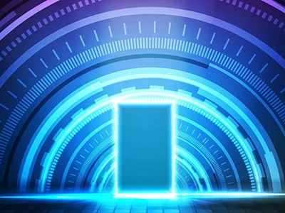 Abstract futuristic background of glowing sqaure neon door and round futuristic technology user interface screen heads-up display