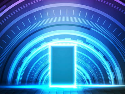 Abstract futuristic background of glowing sqaure neon door and round futuristic technology user interface screen heads-up display