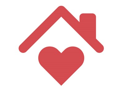 Simple icon of a house with a heart inside it. 