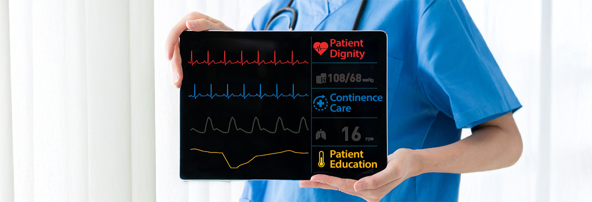 A healthcare professional in scrubs with arms crossed, overlaid with medical monitoring graphs (FpHR, SpPB, SpO2, SpRR) and icons, along with the text Patient Dignity, Continence Care and Patient Education highlighting key aspects of patient-centered care.
