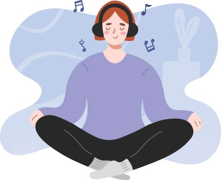 Illustration of woman sitting listing to headphones and relaxing.