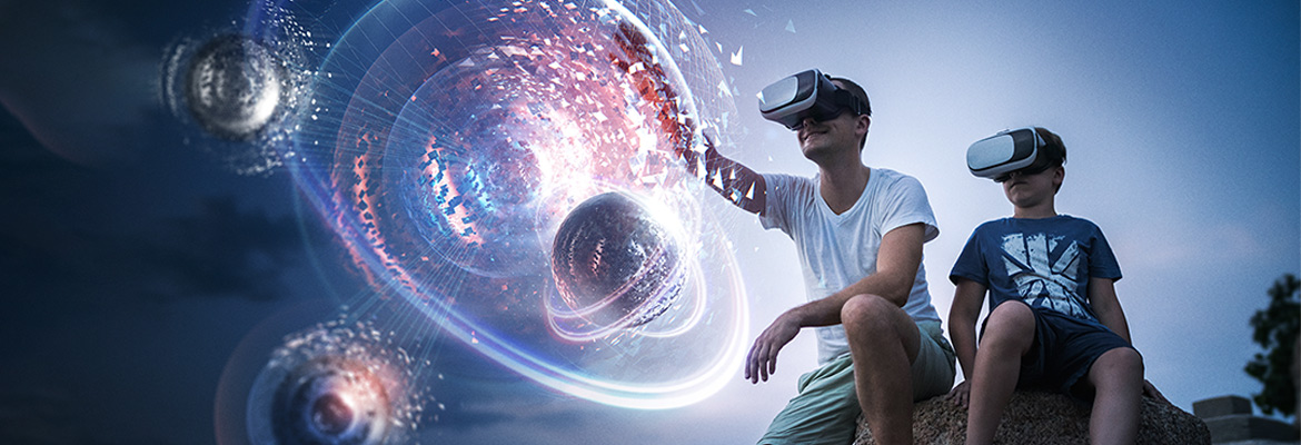 Image of two young men with virtual reality goggles on and a superimposed illustration of plants