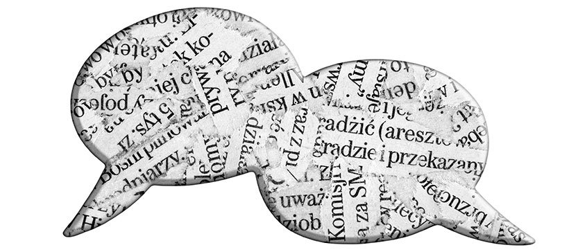 Two overlapping speech bubbles filled with various pieces of printed text.