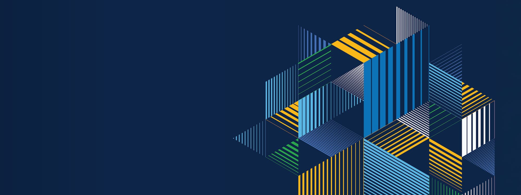 Abstract geometric graphic of interlocking triangles in blue, yellow, green and white stripes on a navy background, forming a hexagonal pattern.