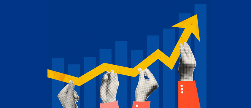  Halftone hands of colleagues holding rising arrow chart.