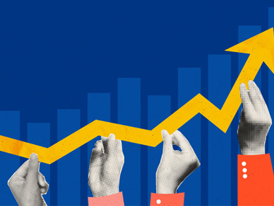  Halftone hands of colleagues holding rising arrow chart.