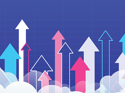 Graphic illustration with multi-coloured arrows pointing up rising out of clouds.