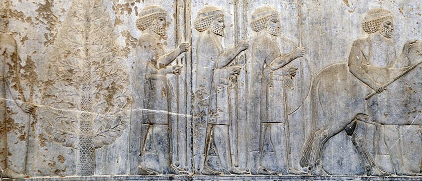 Ancient wall with bas-relief with assyrian warriors with spears, Persepolis, Iran