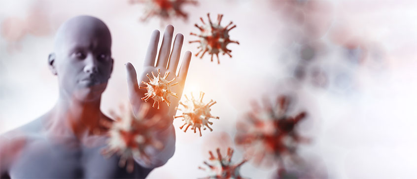 Illustration of human blocking large, visible viruses with hand. 