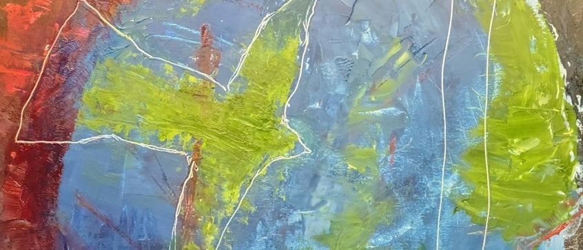 An oil painting of a green bird flying over the planet