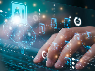 Concept design of a person typing on a keyboard using ai to help in business daily life