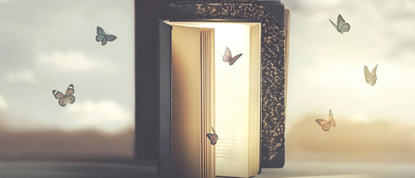 An open book with glowing pages, surrounded by fluttering butterflies.