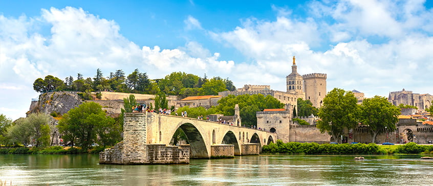 Historic stone bridge spanning the Rhône River with medieval architecture and fortified buildings in the background, representing the heritage of southern France.