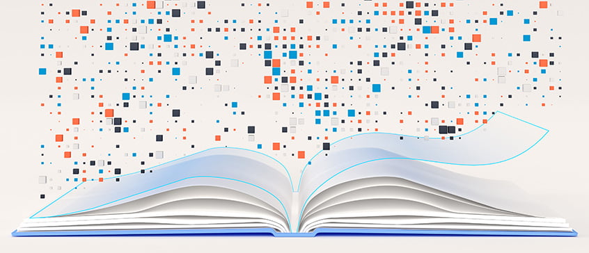 An open book with colorful data points above it - blue, orange, and gray squares and dots of various sizes - flowing downward from above into the pages, symbolizing the transformation of raw data into coherent narratives and meaningful stories.