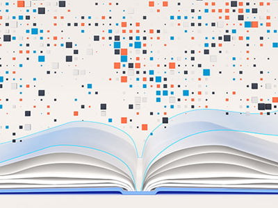 An open book with colorful data points above it - blue, orange, and gray squares and dots of various sizes - flowing downward from above into the pages, symbolizing the transformation of raw data into coherent narratives and meaningful stories.