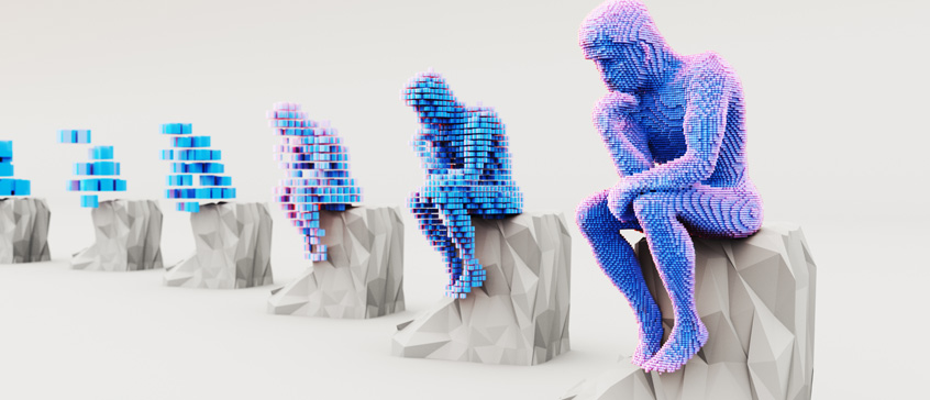 Illustration of the thinker statue, repeated and more pixalated