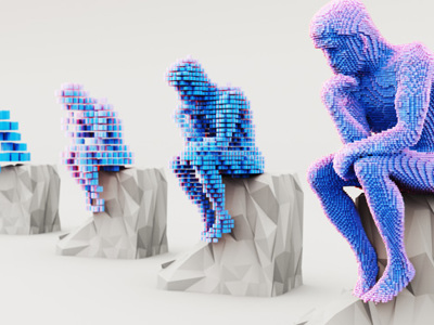 Illustration of the thinker statue, repeated and more pixalated