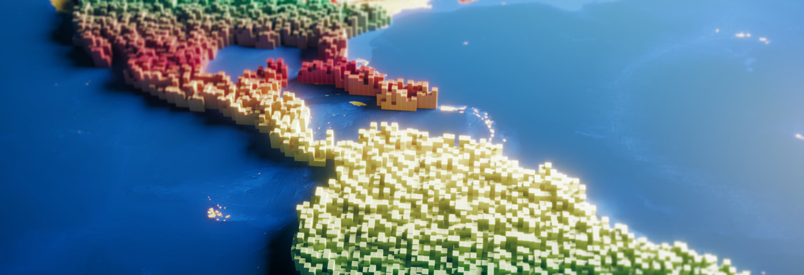 Abstract world map made of with multi coloured blocks. (3d render)