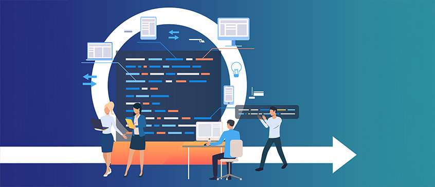 Stylized illustration showing business professionals working collaboratively around a large circular dashboard displaying data streams and code, with documents and lightbulb icons surrounding them, and a white arrow pointing right, representing agile teamwork and forward progress in dynamic environments.