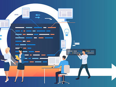 Stylized illustration showing business professionals working collaboratively around a large circular dashboard displaying data streams and code, with documents and lightbulb icons surrounding them, and a white arrow pointing right, representing agile teamwork and forward progress in dynamic environments.