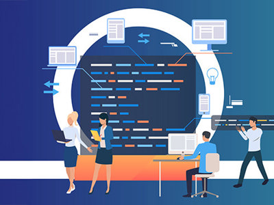 Stylized illustration showing business professionals working collaboratively around a large circular dashboard displaying data streams and code, with documents and lightbulb icons surrounding them, and a white arrow pointing right, representing agile teamwork and forward progress in dynamic environments.