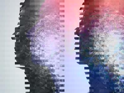 Illustration of the brain on top of a photo of a woman with eyes closed. 