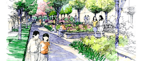 Hand-drawn urban sketch of a landscaped walkway with trees, plants, and people, illustrating outdoor perspective drawing for an urban sketching course.