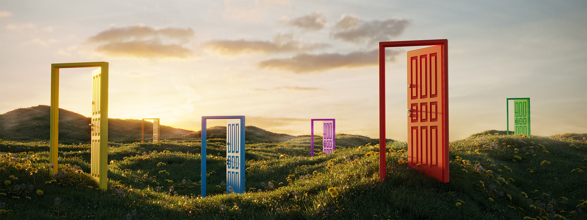 Multi-coloured abstract of opening doors on grassy field on sunny day.