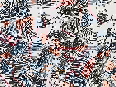 A vibrant, cubist-inspired artwork is displayed. The image is divided into a grid, with each section featuring a stylized, abstract face or figure. Bold, dark outlines define features like large eyes, exaggerated noses, and prominent lips. A rich color palette includes shades of green, red, yellow, blue, and pink, often used in unexpected ways—like green skin or blue hair—and contrasted with patterned backgrounds. Overall impression is one of expressive freedom and unconventional artistic interpretation