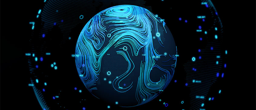 Illustration of globe with data points and contour lines. 