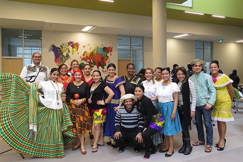 Photo of an international group of learners from Panama in their traditional clothing.