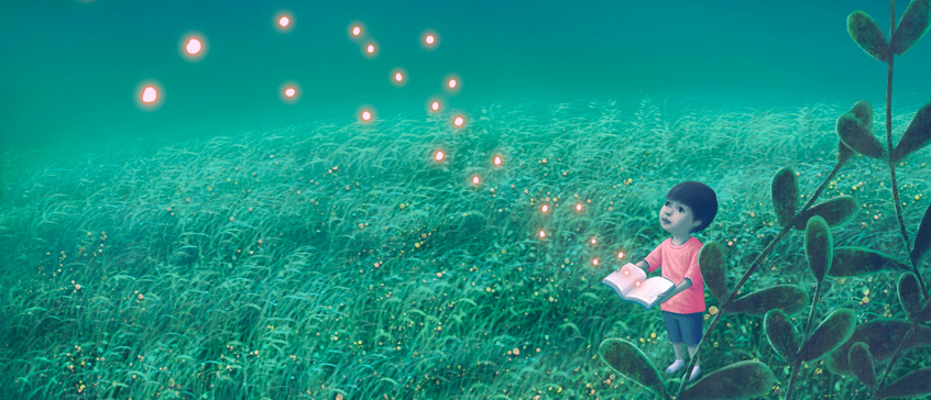 Illustration of child holding book and magical fireflies flying out of it.