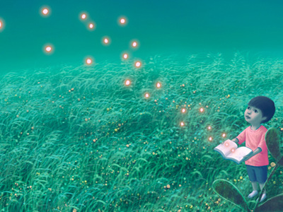 Illustration of child holding book and magical fireflies flying out of it.
