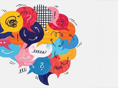 Montage vector illustration composed from paper cut out speech bubbles and hand made textures and doodles. Overthinking concept: when your thoughts and worries cycle in an endless loop. Each speech bubble is isolated as a single object. 