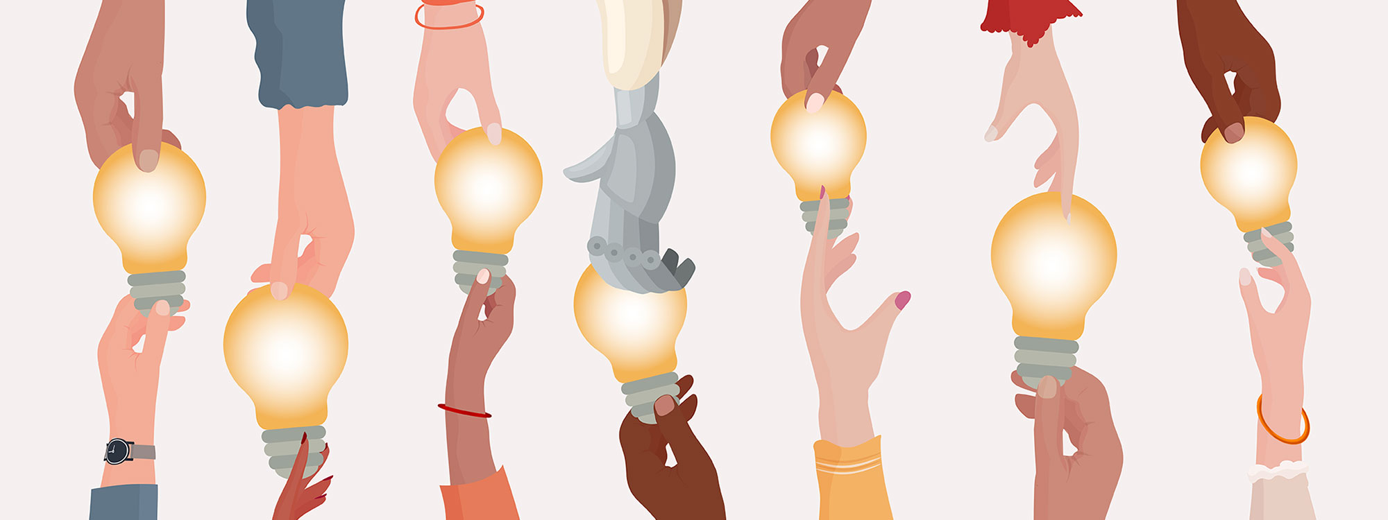 Illustration of diverse hands holding lightbulbs.