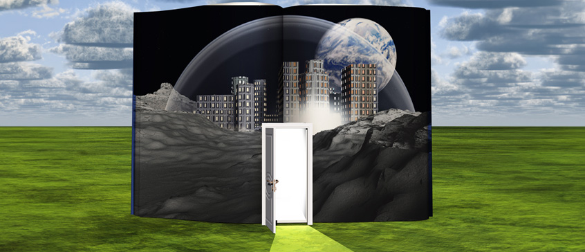 Book on meadow with a door leading to a future world of skycrappers and planets