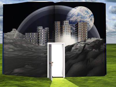 Book on meadow with a door leading to a future world of skycrappers and planets