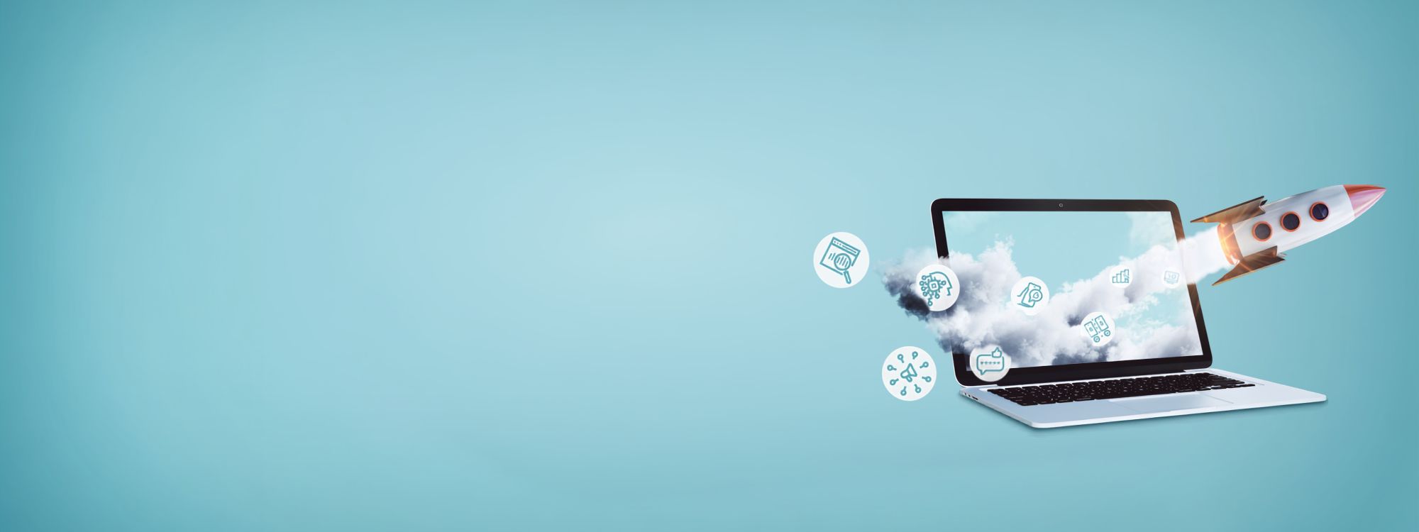 A rocket launches from a laptop screen surrounded by clouds and icons representing digital marketing, AI, analytics and growth, on a light blue background.