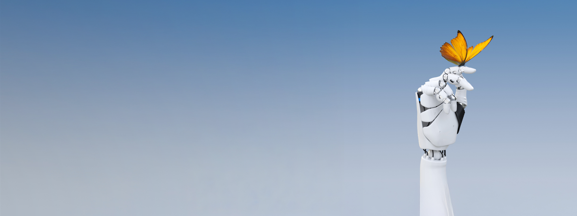 Robotic hand holding an orange butterfly against a blue background.