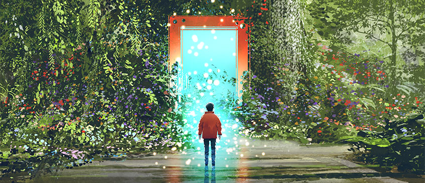 Fantasy scene of a boy standing before a gate emitting a glowing blue light in a forest, illustrated in a digital art style.