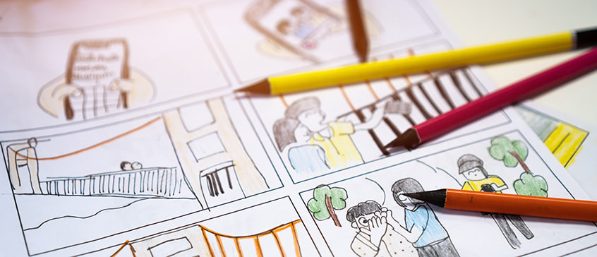 Colour pencil drawing story board animation comic cartoon, design creative scene layout at studio. 