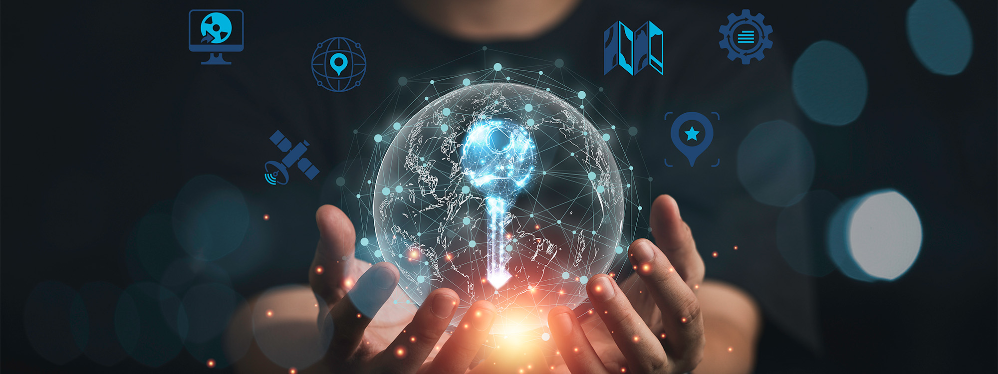 Stylized graphic of a man holding a crystal global with a key lite up in the interior. Earth's continents are outlined with spatial data points marked out. GIS icons float around the graphic.