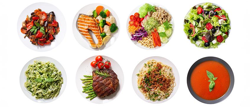 2 rows of 4 dishes each showing a variety of plant and meat-based meals