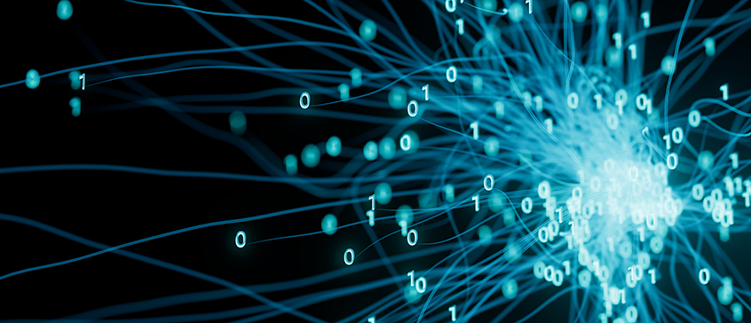 Blue glowing streams of data and binary digits (0s and 1s) radiate and converge on a bright central cluster against a black background, illustrating interconnected information flows and the ethical considerations of data security