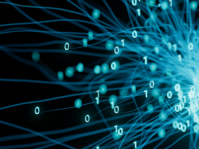 Blue glowing streams of data and binary digits (0s and 1s) radiate and converge on a bright central cluster against a black background, illustrating interconnected information flows and the ethical considerations of data security