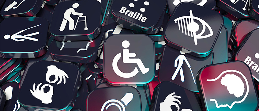 Collection of accessibility icons including wheelchair symbol, sign language hands, walking figure, ear for hearing, brain for cognitive accessibility, and eye for visual impairment, representing diverse workplace accommodations and inclusive design